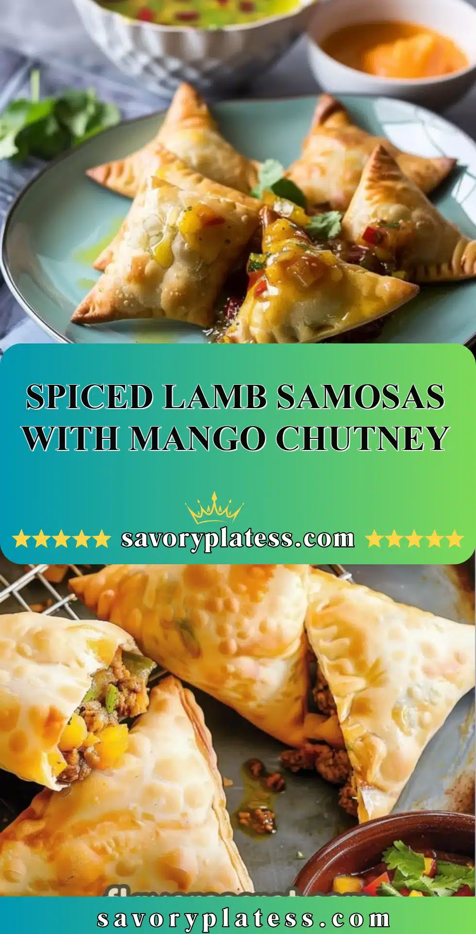 Spiced Lamb Samosas with Mango Chutney 2 Delicious spiced lamb samosas paired with mango chutney on a wooden platter