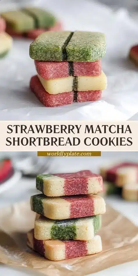 Strawberry matcha shortbread cookies on a plate garnished with strawberries