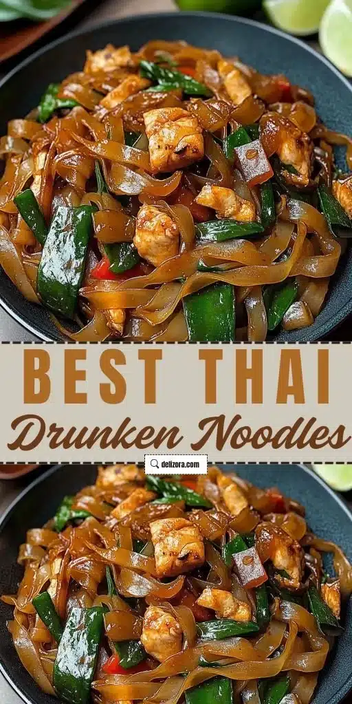 Plate of delicious street style Thai Drunken Noodles garnished with fresh herbs.