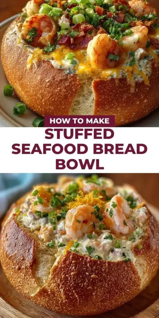 Stuffed seafood bread bowl filled with creamy seafood mix and herbs