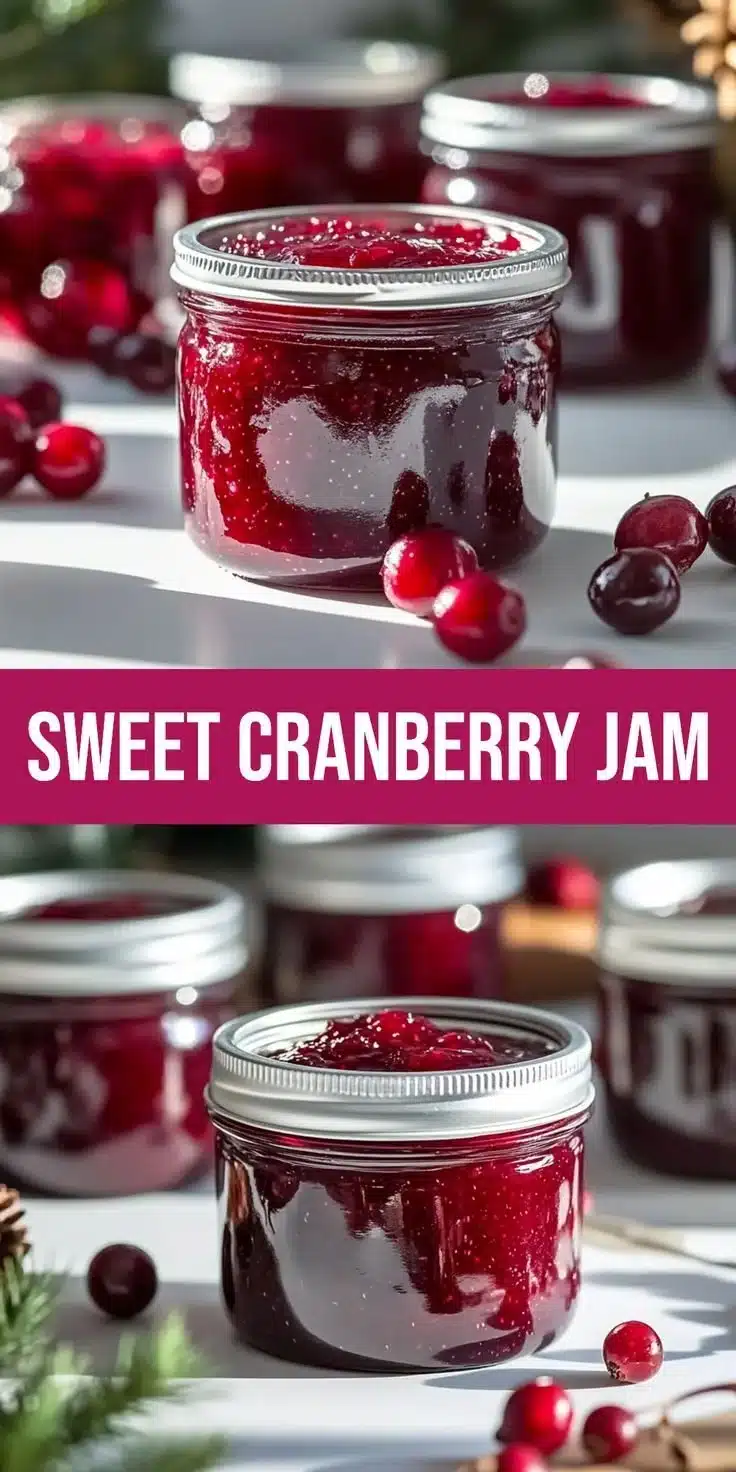 Sweet Christmas Cranberry Jam 2 Sweet Christmas Cranberry Jam in a jar with a holiday-themed backdrop