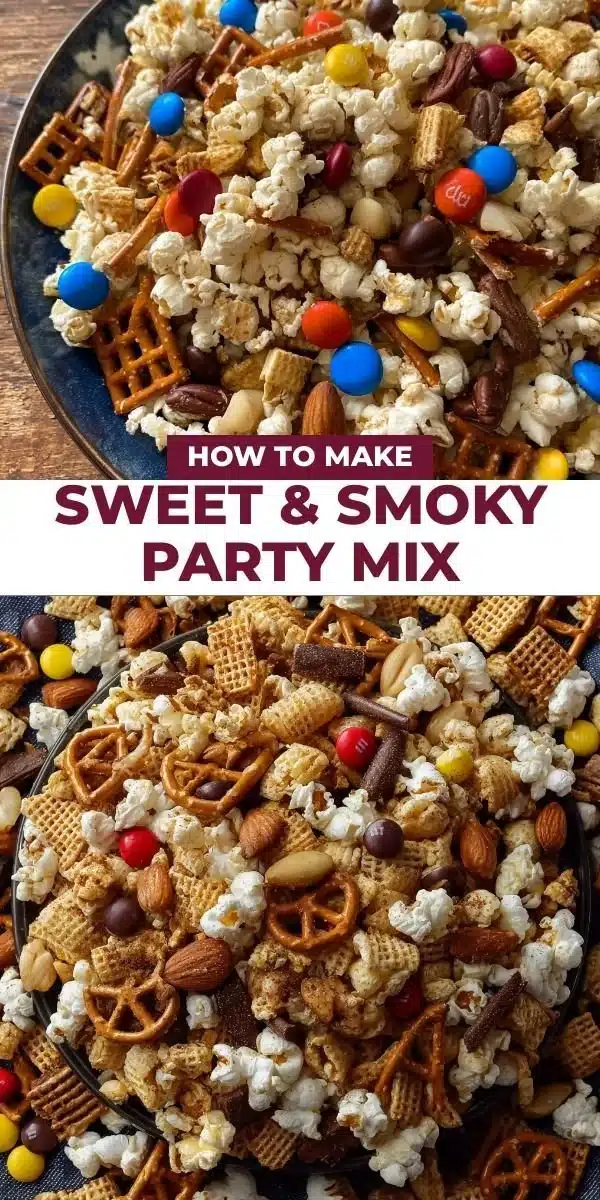 Sweet & Smoky Party Mix 2 Sweet & Smoky Party Mix in a colorful bowl with snacks