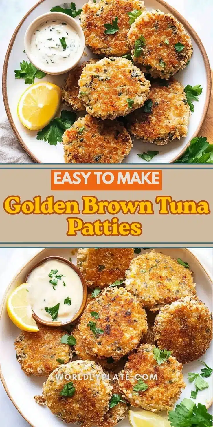Golden-brown tuna patties served on a plate with fresh herbs.