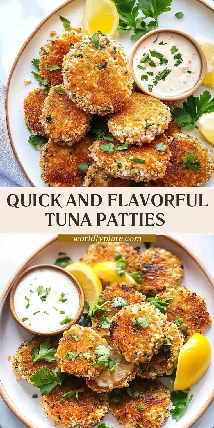 Tuna Patties 2 Homemade tuna patties served on a plate with fresh herbs and lemon.