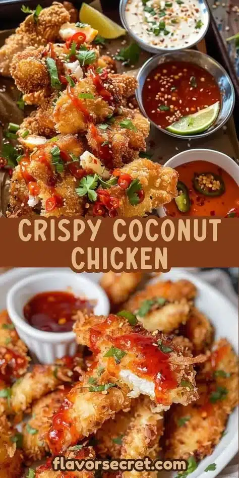 Image of ultimate crispy coconut crusted chicken served with a side of dipping sauce