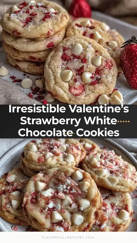 Valentine's strawberry white chocolate cookies on a plate.