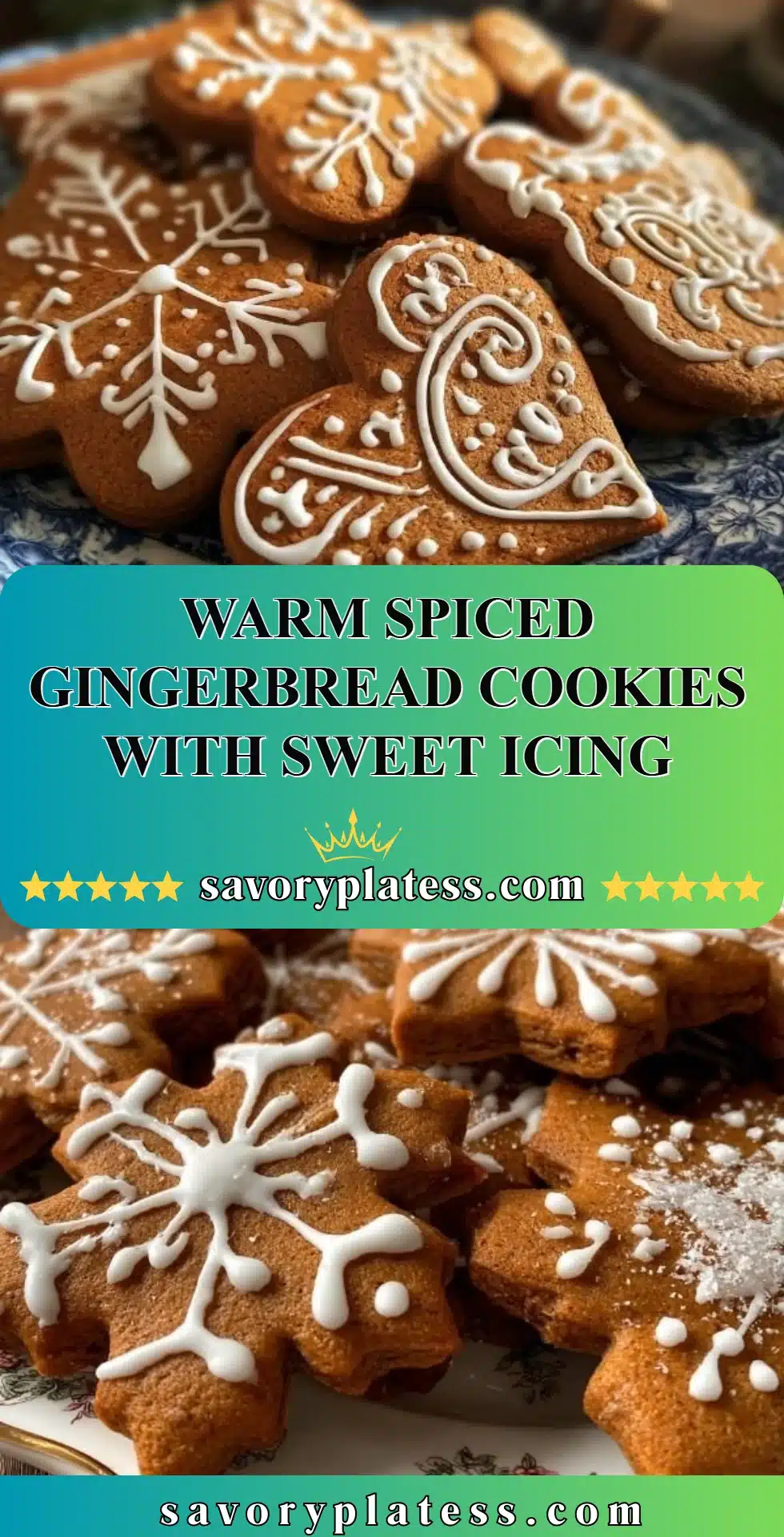 Warm spiced gingerbread cookies decorated with sweet icing on a plate.