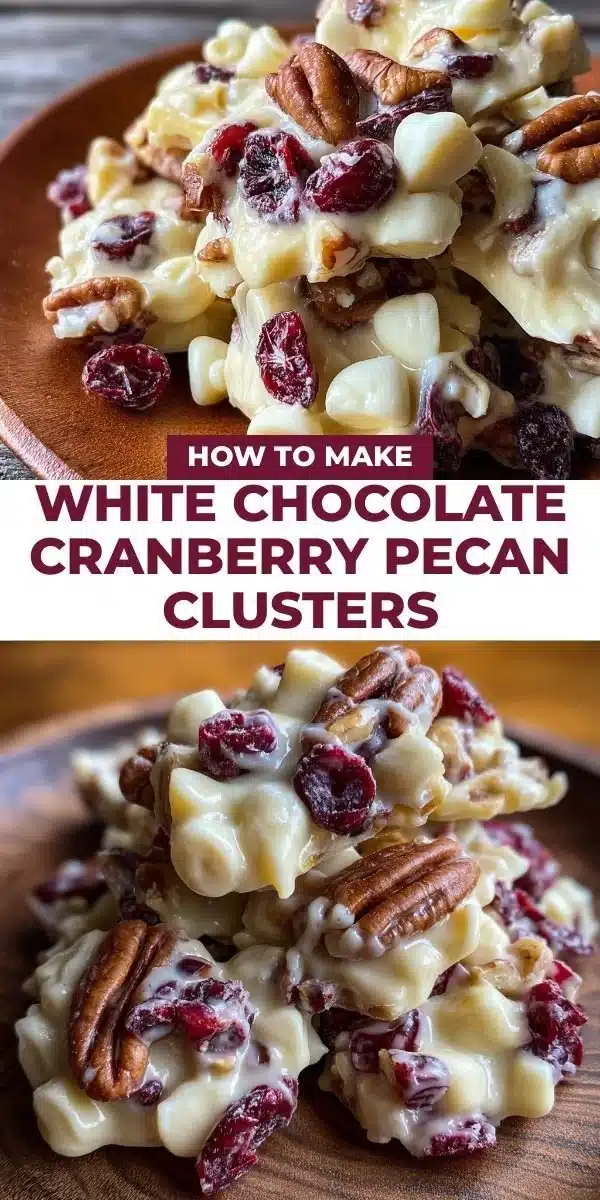 White Chocolate Cranberry Pecan Clusters 2 Delicious white chocolate cranberry pecan clusters on a decorative plate.