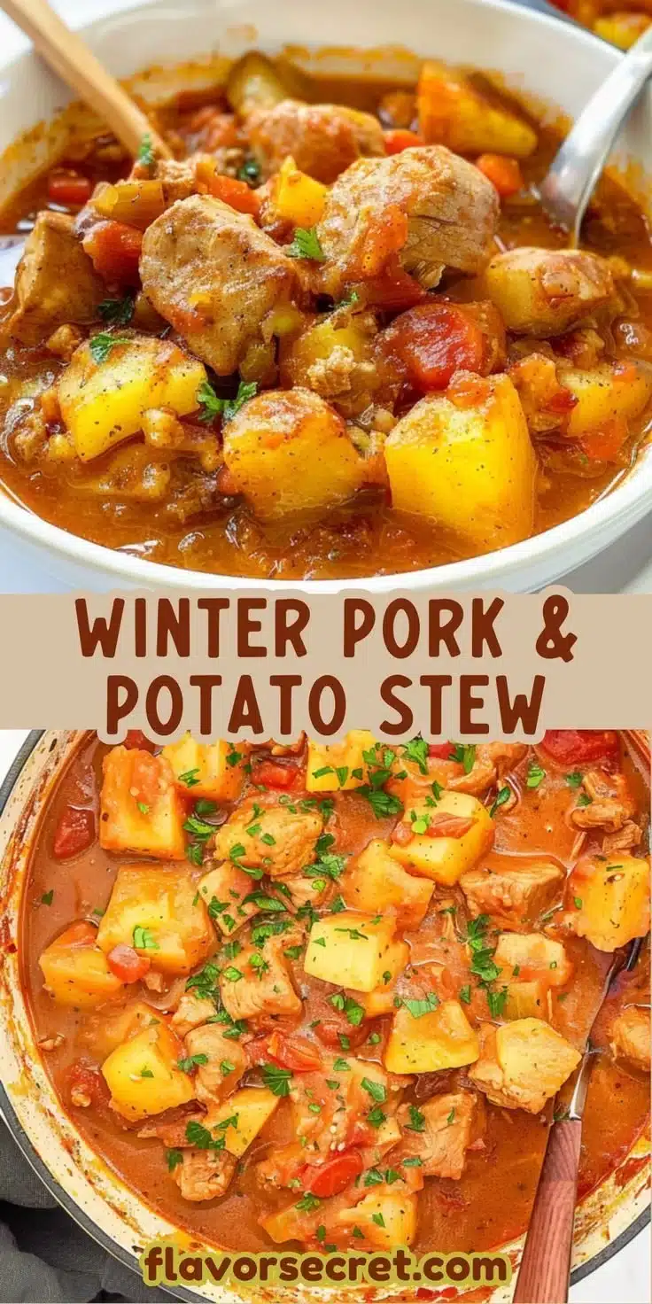 Winter Spiced Pork & Potato Stew 2 Winter spiced pork and potato stew in a bowl garnished with herbs