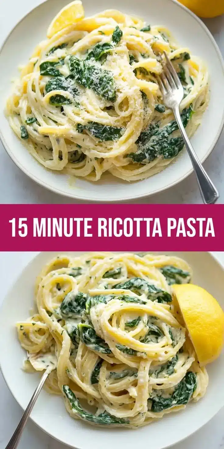 Zesty Lemon Ricotta Pasta & Spinach in 15 Minutes 2 Plate of zesty lemon ricotta pasta with spinach, ready in 15 minutes.